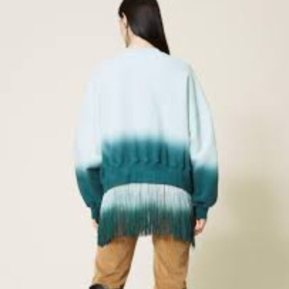 Twinset Milano Sweatshirt Womens XXL Green Ombre Tie-Dye Fringed Top Boho - Picture 2 of 16